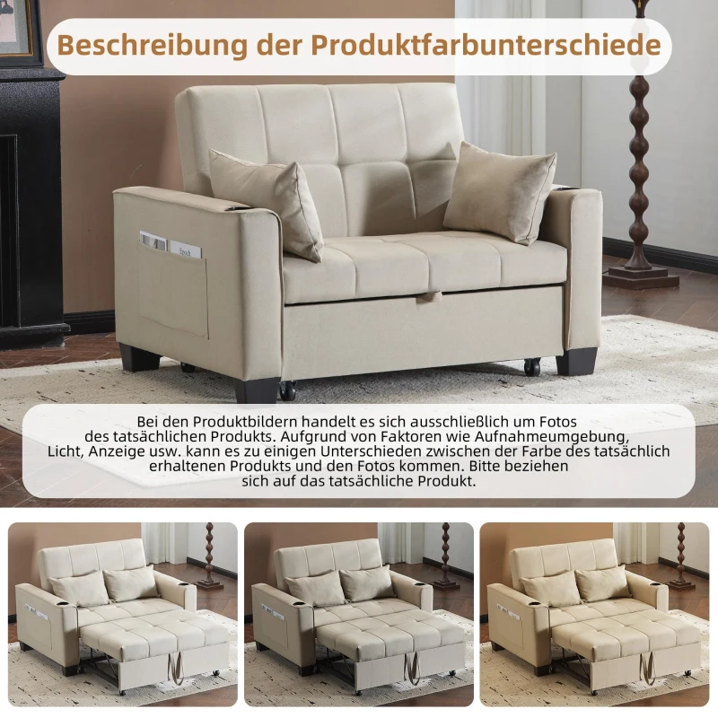 3-In-1 Convertible Pull-Out Sleeper with 3-Position Adjustable Backrest, 2 Seater Sofa Bed for Compact Room, 140L x 96W x 97H cm, Beige