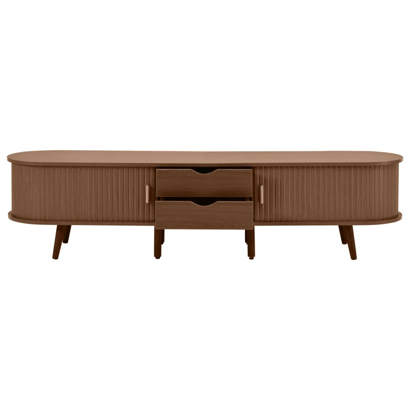 Durable Oval TV Unit with 2 Sliding Doors and 2-Tier Storage Shelves, High‑Legged TV Stand for Living Room, 175L x 40W x 40H cm, Oak