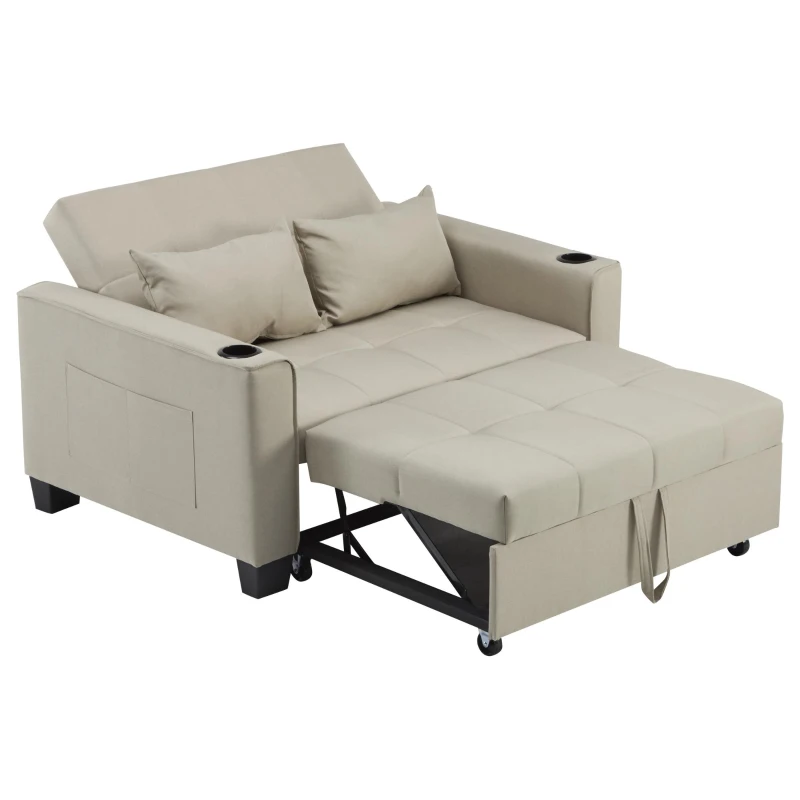 3-In-1 Convertible Pull-Out Sleeper with 3-Position Adjustable Backrest, 2 Seater Sofa Bed for Compact Room, 140L x 96W x 97H cm, Beige