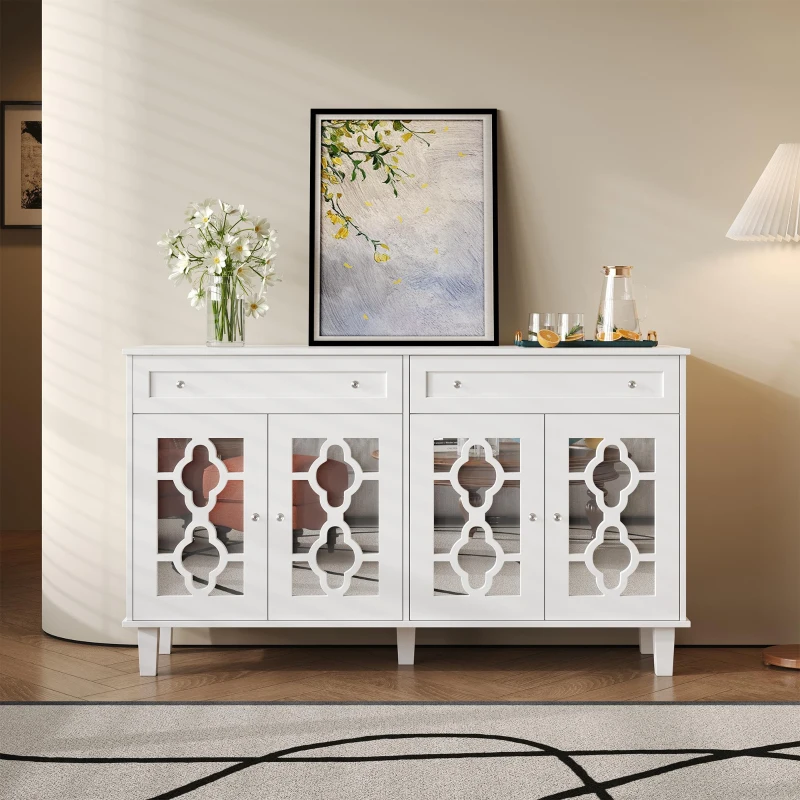 Credenza buffeti con 4 ante a specchio e maniglie in cristallo, 140x40x83 cm, Bianco