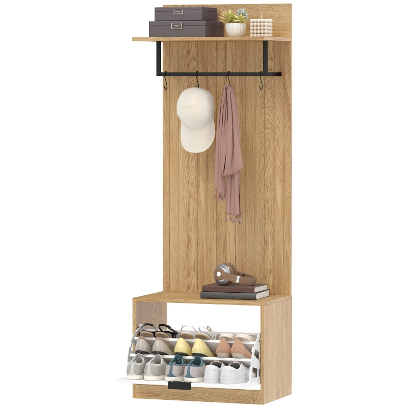 HOMCOM Móvel de Entrada com Banco, Sapateira e Cabideiro com 4 Ganchos, 60x30x170 cm, Carvalho e Branco
