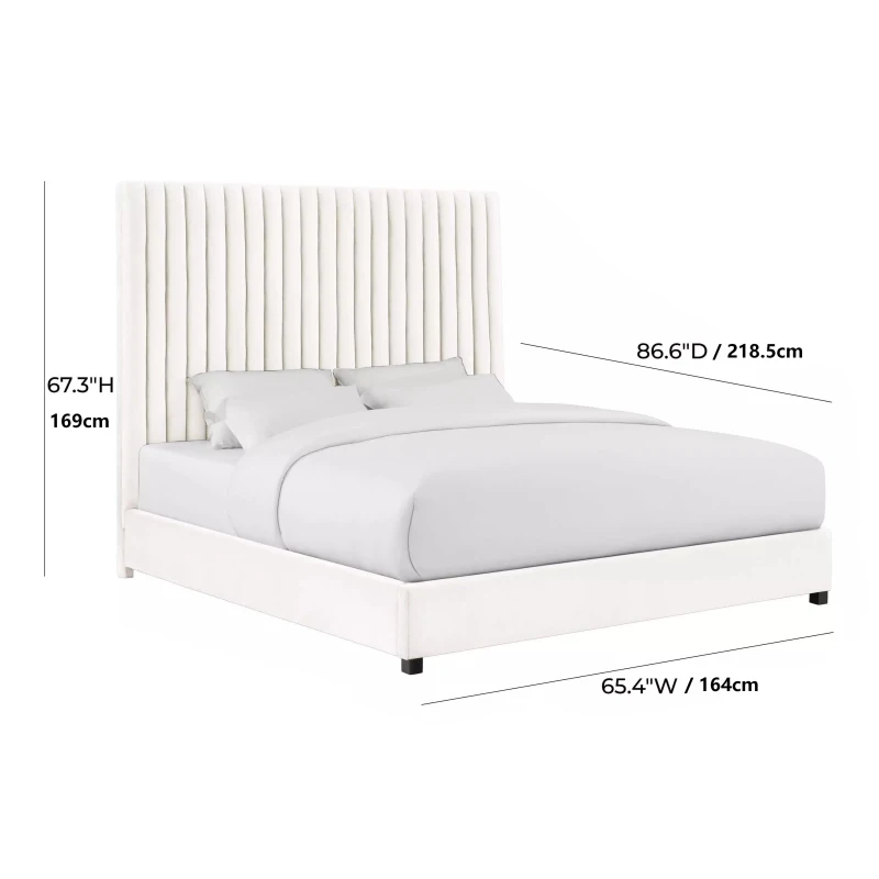Arabelle King-Size Bed with Tall Channel-Tufted Headboard, Kiln-Dried Wood Frame with Sturdy Birch Legs, 218.5L x 164W x 169H cm, White