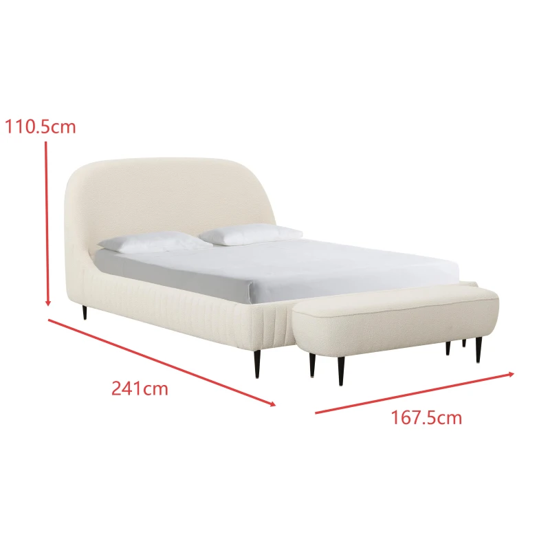 Denise Boucle King-Size Bed with Integrated Slatted Base, Bed Frame with Iron Legs and Anti-Slip Pads, 241L x 167.5W x 110.5H cm, Cream