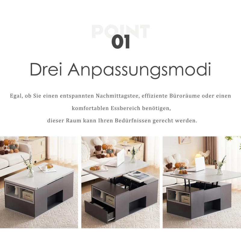 Lift-Top Coffee Table with 2 Push-to-Open Drawers and 3 Open CompartmentsStorage, Desk for Dining/Work/Relax, 100L x 51W x 47H cm, Grey