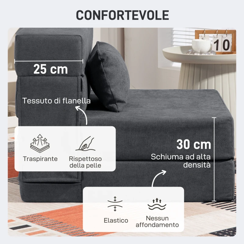 HOMCOM Poltrona Letto Pieghevole Convertibile in Chaise Longue e Materasso, 80x80x64 cm, Grigio Scuro