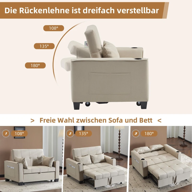 3-In-1 Convertible Pull-Out Sleeper with 3-Position Adjustable Backrest, 2 Seater Sofa Bed for Compact Room, 140L x 96W x 97H cm, Beige