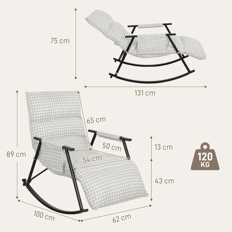 HOMCOM Poltrona Baloiço com Encosto e Apoia-Pés Ajustáveis 105° Estofada em Linho com Bolso Lateral Cinzento e Branco
