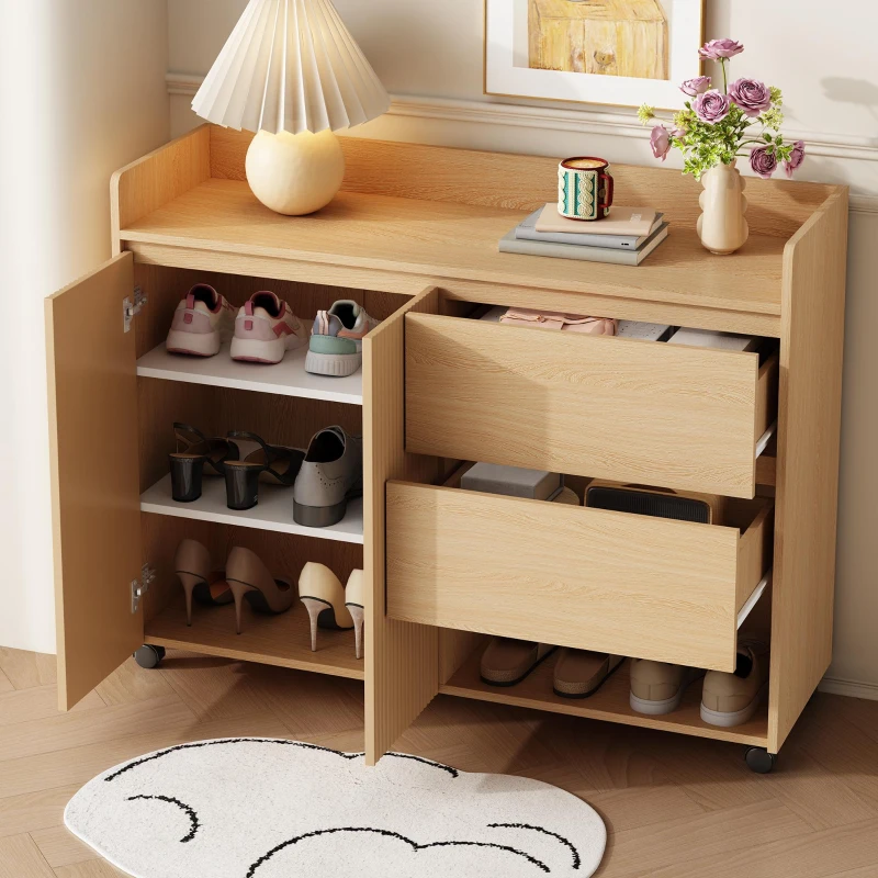 Mueble zapatero móvil con separadores ajustables, 110x35x86 cm, Color natural