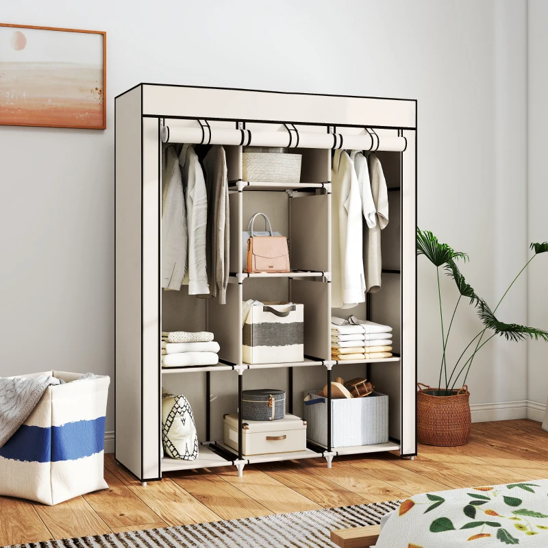 HOMCOM Armoire penderie multi-rangement - 8 étagères, 2 barres - non tissé crème