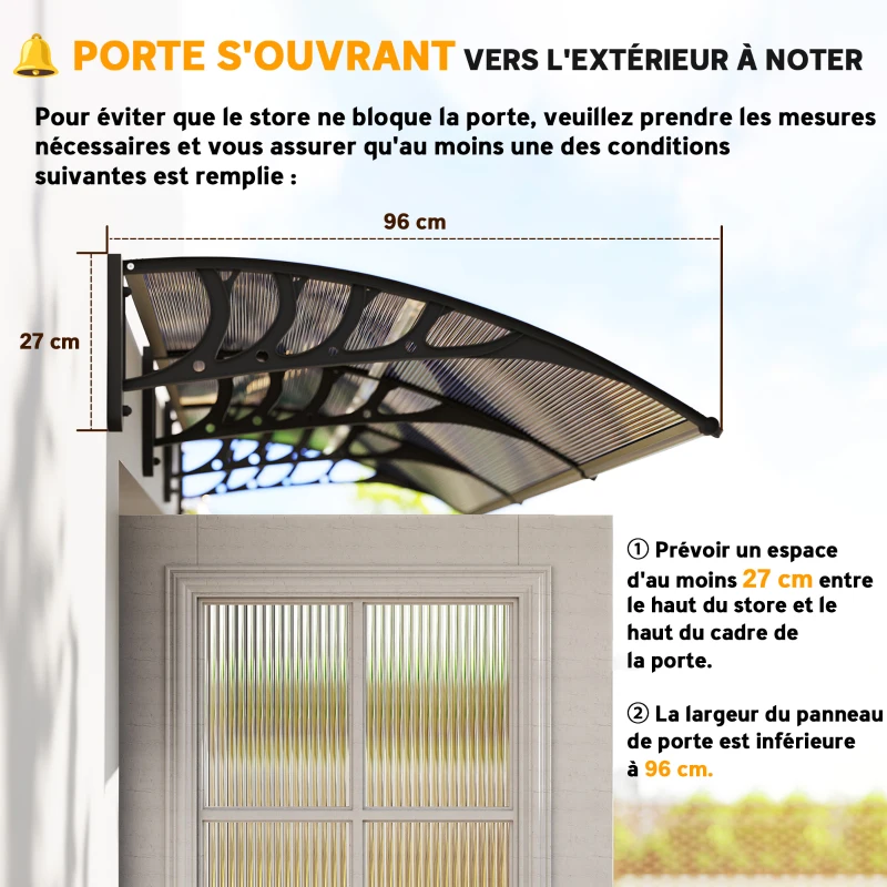 Outsunny Auvent de porte toit marquise en polycarbonate auvent de porte d'entrée bord en aluminium contre la pluie et UV