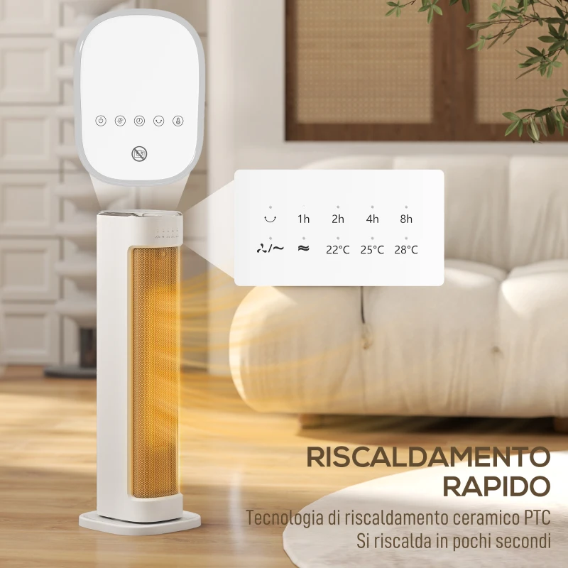 HOMCOM Termoventilatore Ceramico 2000W con 3 Temperature Regolabili, Timer 15H, Telecomando, Bianco