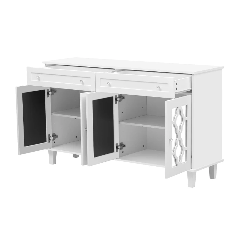 Credenza buffeti con 4 ante a specchio e maniglie in cristallo, 140x40x83 cm, Bianco