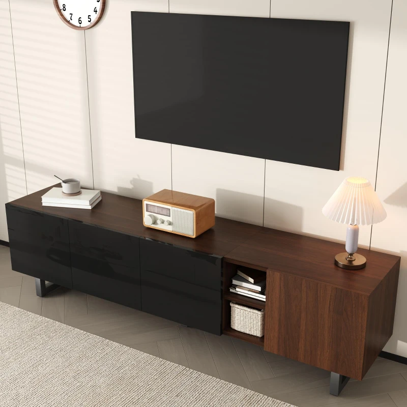 Dulap TV modern cu 4 uși, spațiu mare de depozitare, design vintage, 180x38x50 cm, Negru+Culoare naturală
