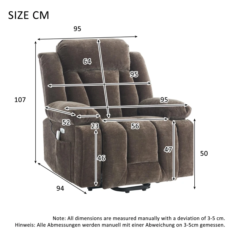 Electric Power Lift Recliner Armchair with Vibration Massage and Lumbar Heating, Sofa with Cup Holders & Side Pocket, 95L x 94W x 107H cm, Brown