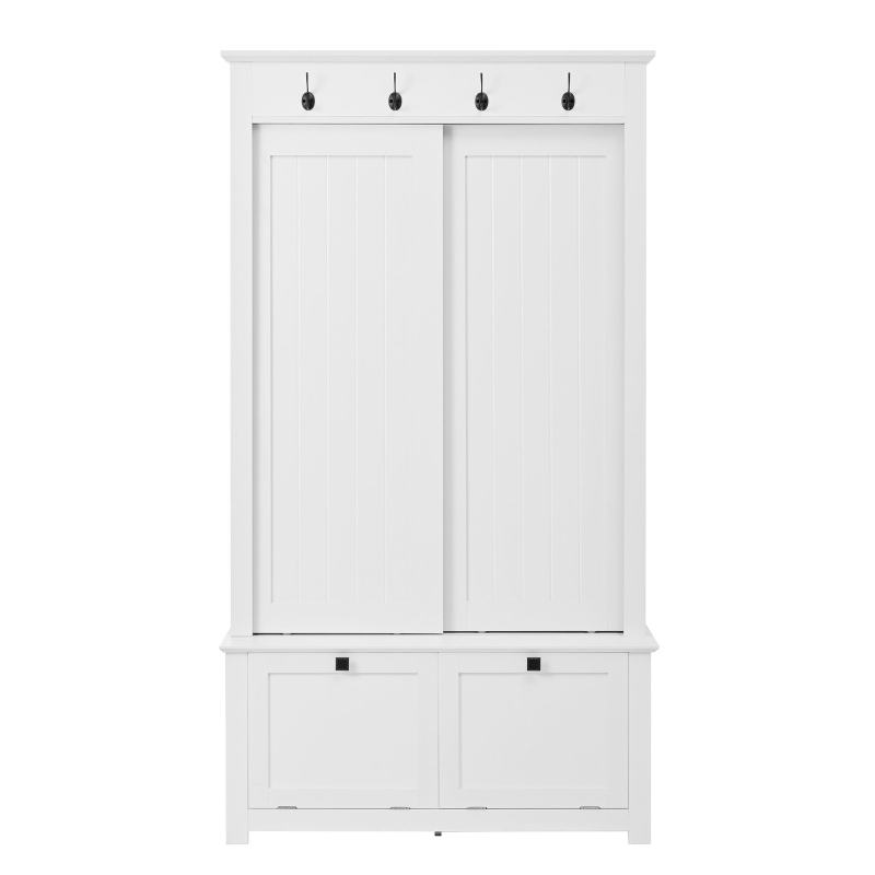 Armadio guardaroba con ante scorrevoli e scarpiera integrata, mobile multiuso con ganci, 100x50x180 cm, Bianco