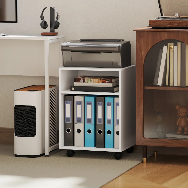 HOMCOM Mobile Porta Stampante con Ruote e 2 Ripiani Aperti in Legno, 40x35x55.5 cm, Bianco