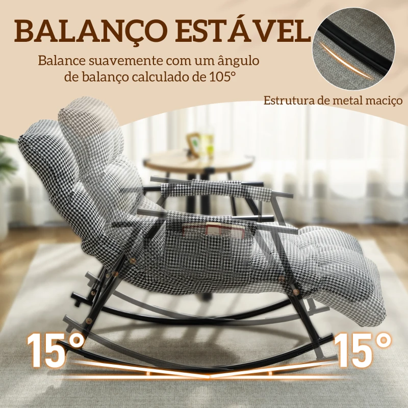 HOMCOM Poltrona Baloiço com Encosto e Apoia-Pés Ajustáveis 105° Estofada em Linho com Bolso Lateral e Estrutura de Metal Preto e Branco