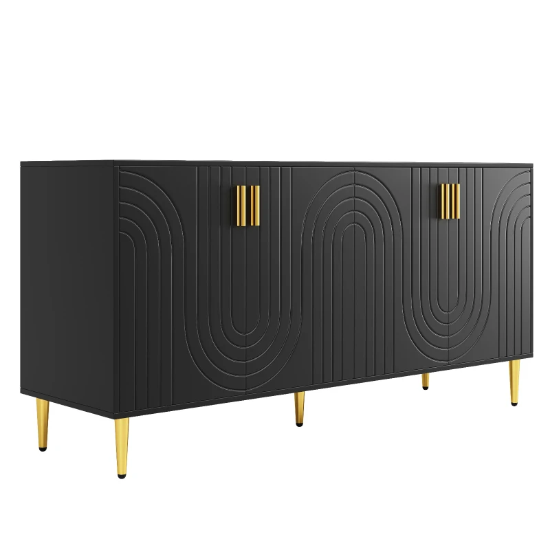 Modern Sideboard with 4 Doors, 2 Drawers and Wave-front Design, MDF Storage Unit with Metallic Handles and Feet, 152L x 40W x 75H cm, Black
