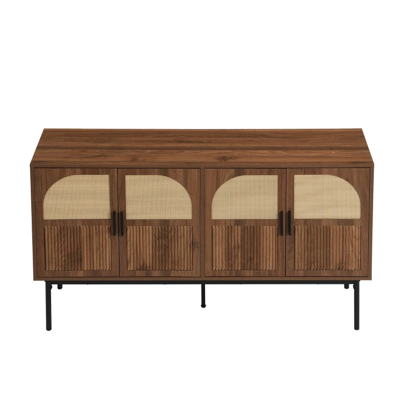 Bufet modern cu ratan, cu 4 uși și mult spațiu de depozitare, design retro-natural, 140x40x80 cm, Culoare naturală