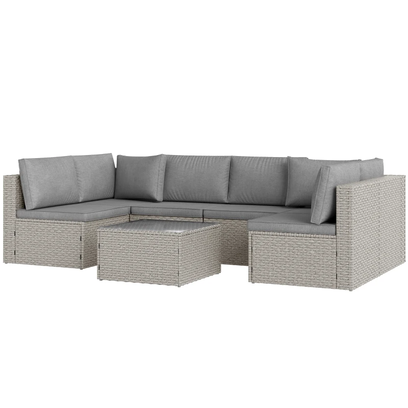 Outsunny 7 Pieces Rattan Garden Furniture Set, 6 Seater Garden Corner Sofa with Cushions and Glass Top Table, Sectional Outdoor Furniture Conservatory Set for Patio, Grey