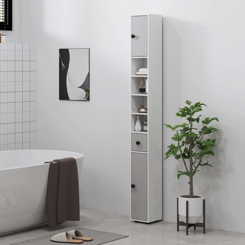 kleankin 180cm Tall Bathroom Cabinet, Slim Bathroom Storage Cabinet with 4 Open Shelves, 2 Door Cupboards and Adjustable Shelves, Light Grey
