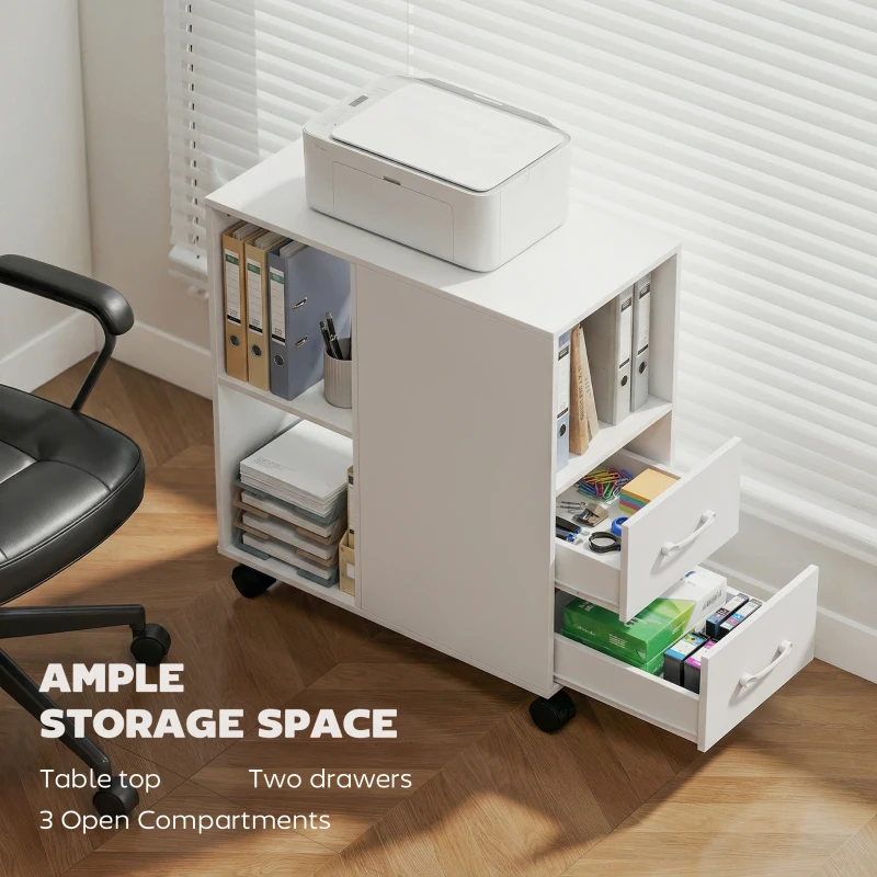 HOMCOM Tavolino con Ruote Minimal con 2 Cassetti, Vano Aperto e Ripiano Regolabile, in Legno, 60x30x65 cm, Bianco