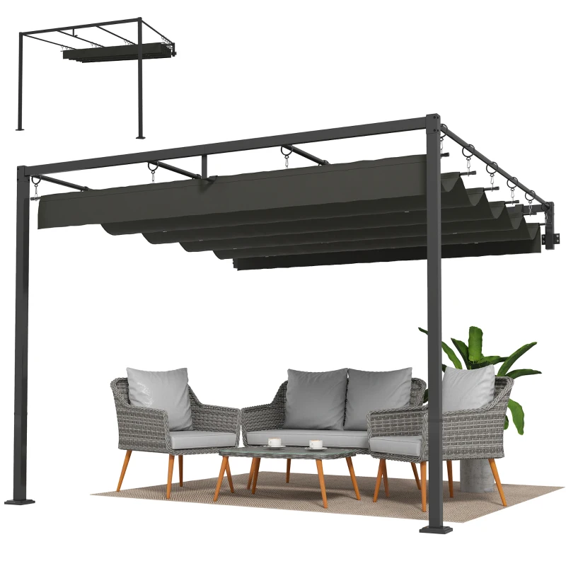 Outsunny Wand-Pergola für Garten 3x3 m mit einziehbarem Dach UPF30+ Schutz Ablauf Gartenpavillon für Außenbereich Grau