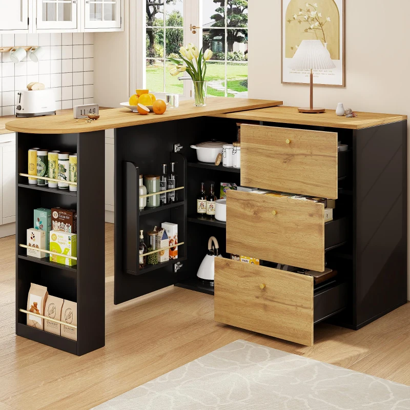 Extendable Bar Table with Pull-Out System and Snack Compartment, Kitchen Island with Drawers and Shelves, 138L x 39W x 104H cm, Black+Natural