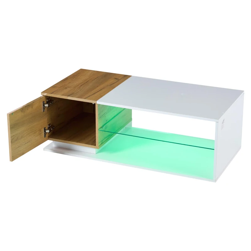High-Gloss Coffee Table with Open Centre 2-Tier Storage and App-Controlled LED Strip, Desk for Living Room, 105L x 50W x 36H cm, White+Wood