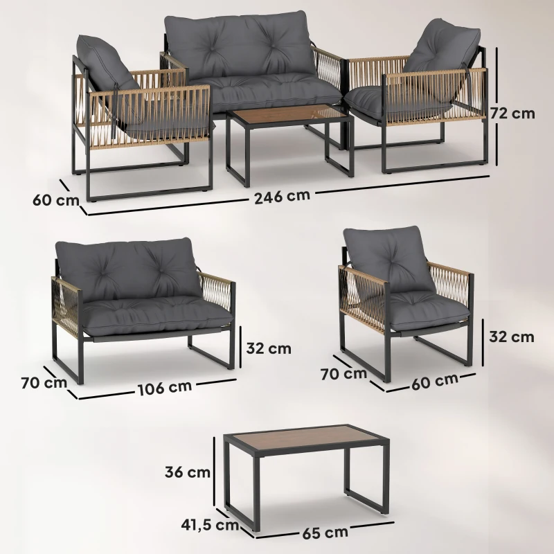 Outsunny Gartenmöbel-Set, 4-teilig, Sofa, 2 Stühle, Tisch mit Glasplatte, Metallgestell, Polyrattan, Anthrazit