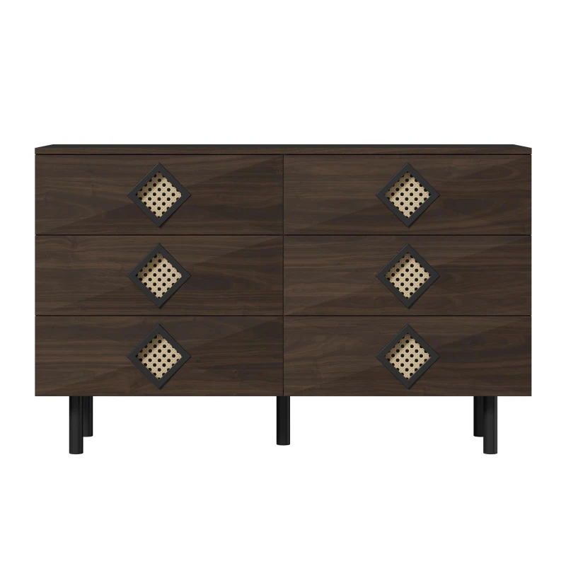 Tavolo trucco con 6 cassetti e maniglie in rattan per camera da letto e soggiorno, 120x40x74,5 cm, color legno