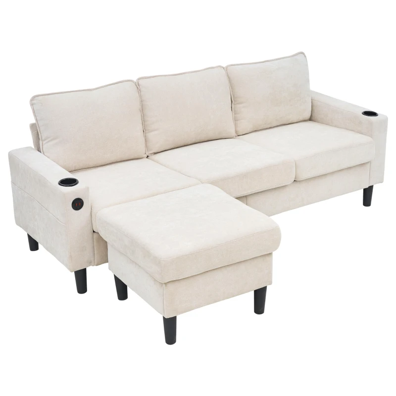 L-Shaped Corner Sofa with USB Charging Ports and Cup Holders, Modular Sofa with Storage Ottoman and Pockets, 202L x 137W x 80H cm, Beige
