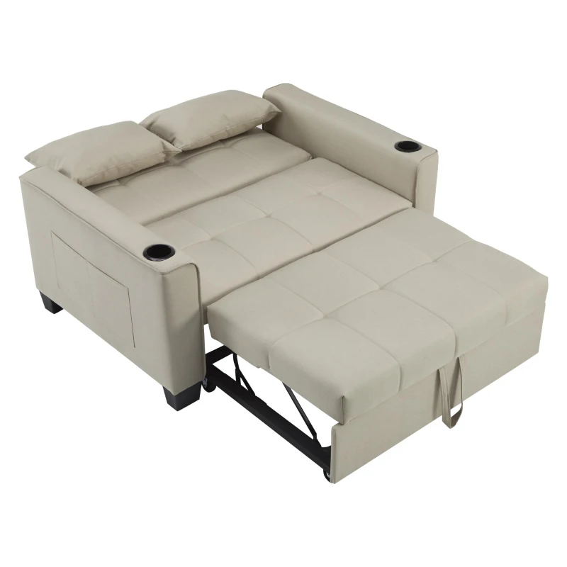 3-In-1 Convertible Pull-Out Sleeper with 3-Position Adjustable Backrest, 2 Seater Sofa Bed for Compact Room, 140L x 96W x 97H cm, Beige
