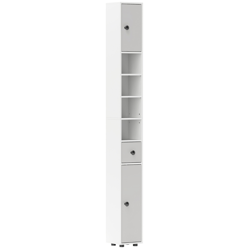 kleankin 180cm Tall Bathroom Cabinet, Slim Bathroom Storage Cabinet with 4 Open Shelves, 2 Door Cupboards and Adjustable Shelves, Light Grey
