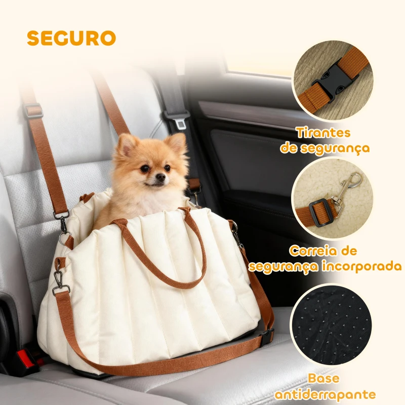 PawHut Assento de Carro para Cães Pequenos de até 5 kg com Cinto de Segurança e Capa Removível e Lavável 50x30x31 cm Creme
