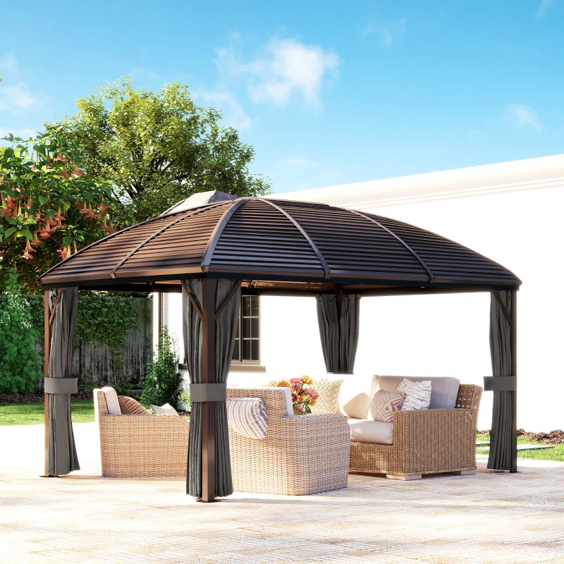 Outsunny 3 x 4m Hardtop Gazebo Canopy with Metal Roof, Aluminium Gazebo Permanent Pavilion with Netting and Curtains, Dark Grey