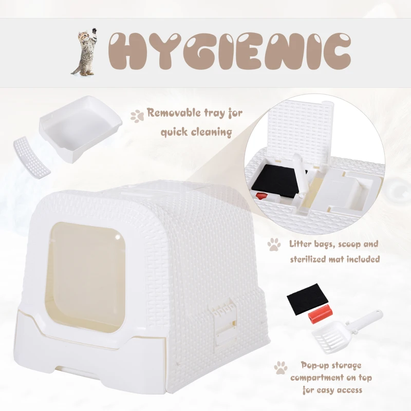 PawHut Pet Cat Litter Box, Enclosed Pet Toilet with Handle, Scoop 54L × 42W × 41H cm - White