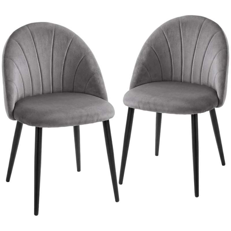 HOMCOM Set da 2 Sedie da Pranzo in Velluto Imbottite con Schienale a Conchiglia e Gambe in Metallo, Grigio