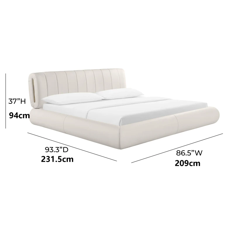 Karol Super King Bed Frame with Vegan Leather Upholstery, Bed Base with Slatted Support Base Included, 231.5L x 209W x 94H cm, Cream
