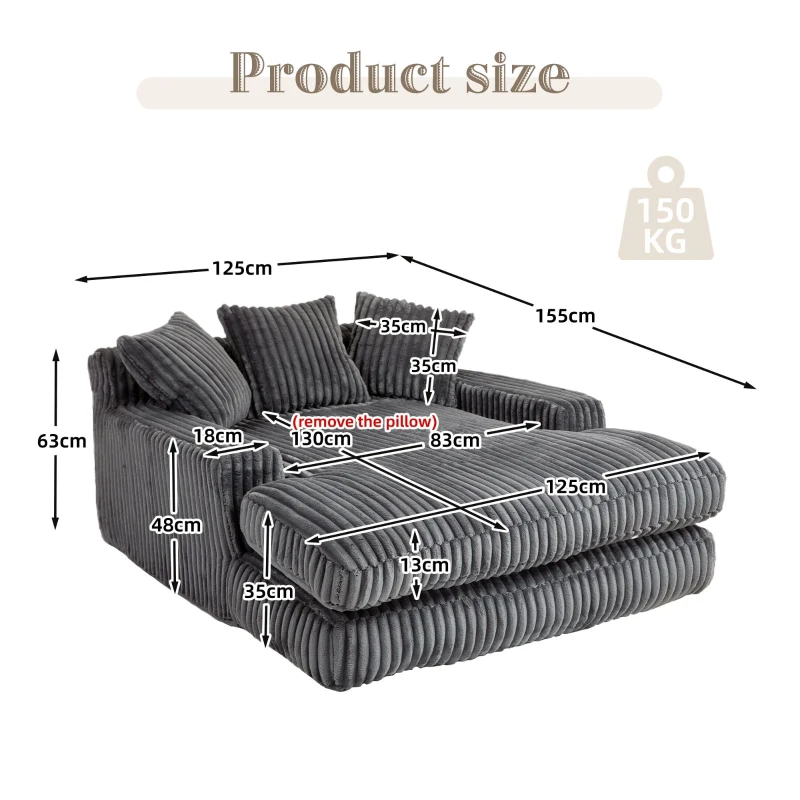 Oversized Chaise Longue Sofa with 3 Throw Cushions and Wide Armrests, Chair with Shredded Memory Foam Seat, 155L x 125W x 63H cm, Dark Gray