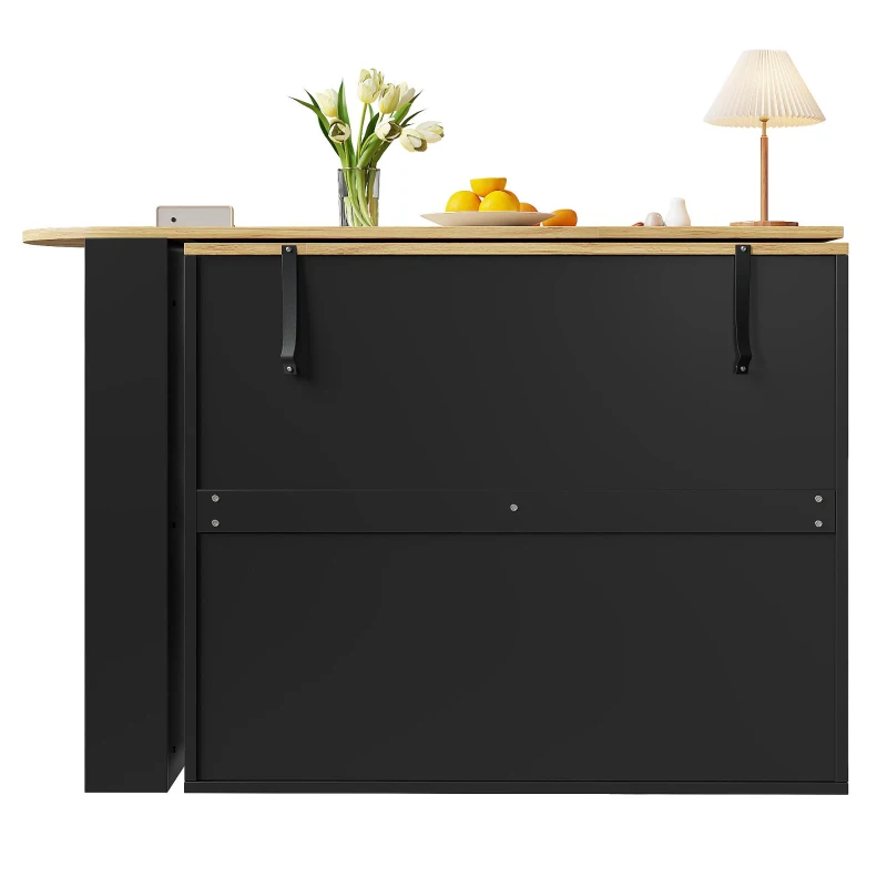 Extendable Bar Table with Pull-Out System and Snack Compartment, Kitchen Island with Drawers and Shelves, 138L x 39W x 104H cm, Black+Natural