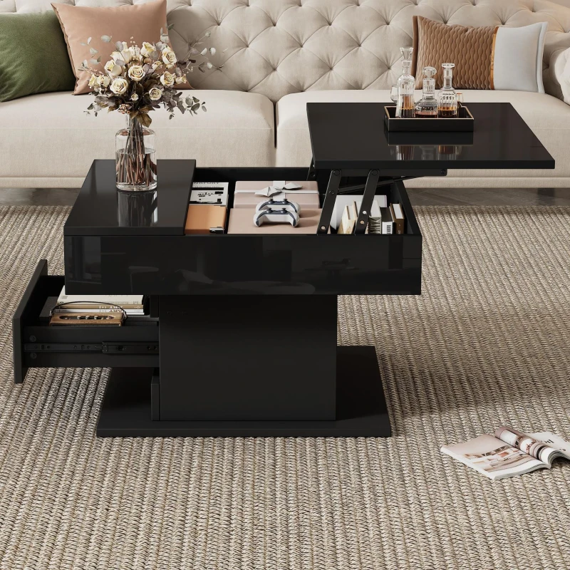 Tavolino da salotto girevole 360° con piano sollevabile, spazio a scomparsa e cassetto, 70x70x45 cm, Nero