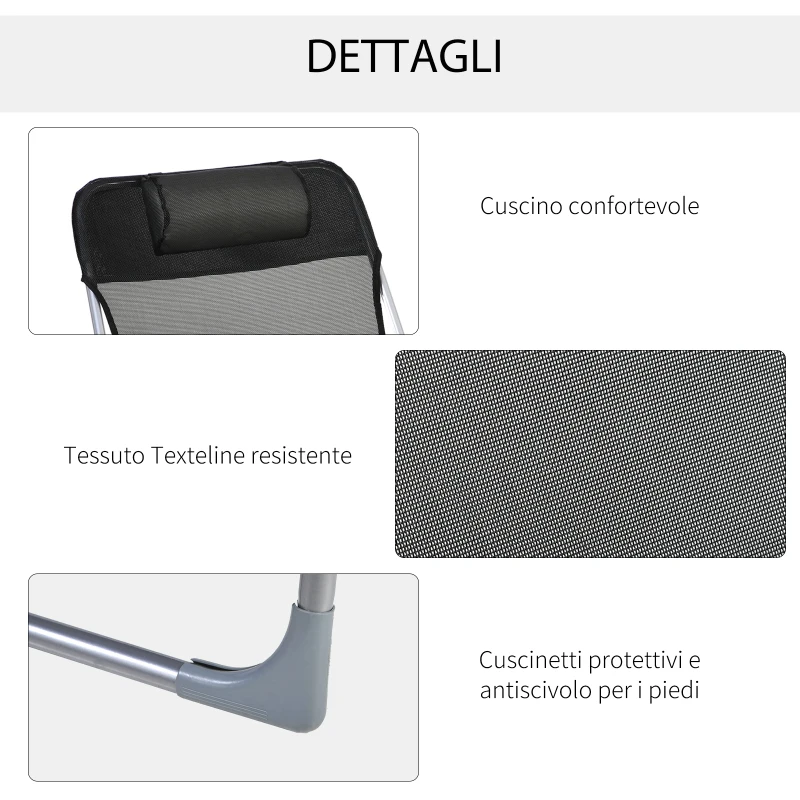 Outsunny Sdraio da Giardino Pieghevole con Schienale Reclinabile  e Cuscino, in Metallo e Texteline, 182x56x28 cm, Nero