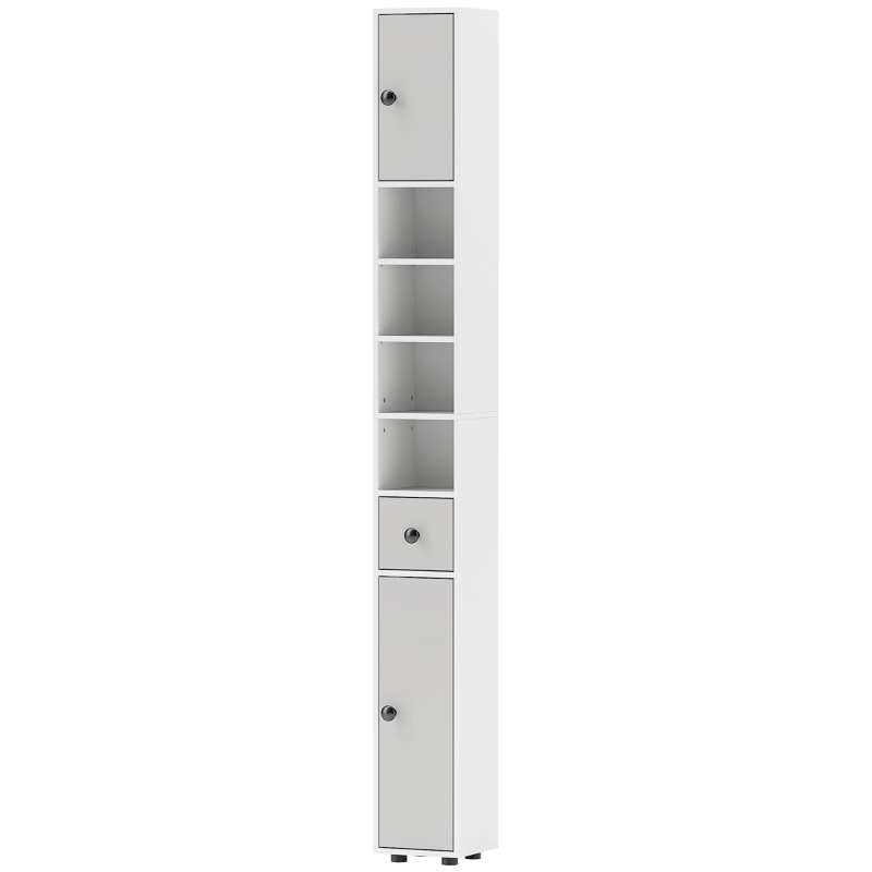 kleankin 180cm Tall Bathroom Cabinet, Slim Bathroom Storage Cabinet with 4 Open Shelves, 2 Door Cupboards and Adjustable Shelves, Light Grey