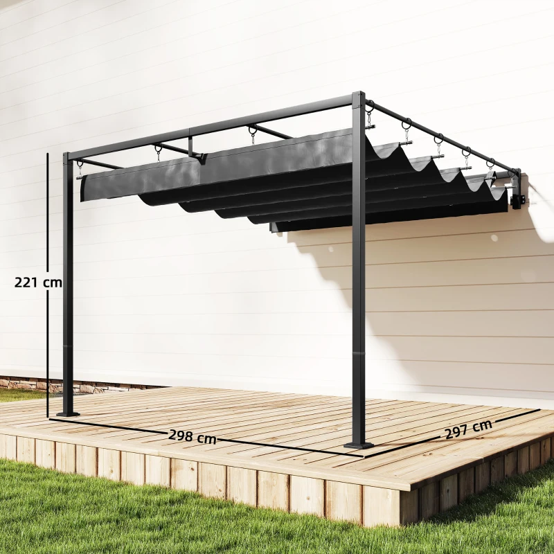 Outsunny Wand-Pergola für Garten 3x3 m mit einziehbarem Dach UPF30+ Schutz Ablauf Gartenpavillon für Außenbereich Grau