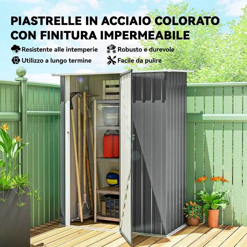 Outsunny Capanno Porta Attrezzi in Metallo con Tetto Inclinato e Porta Bloccabile, 142x86x189 cm, Grigio Chiaro