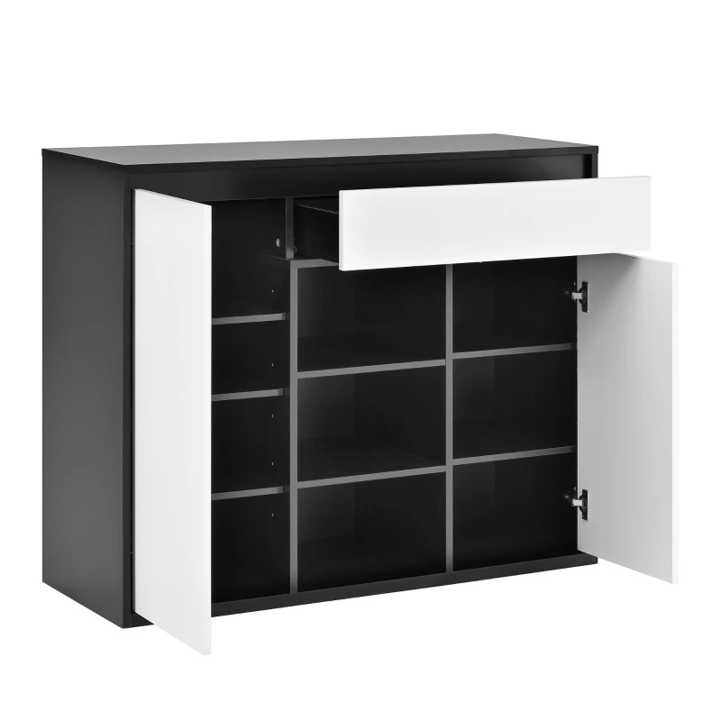 Scarpiera moderna con 2 ante e 1 cassetto, con illuminazione LED e ripiano per scarpe regolabile, 105x39,5x86 cm, Bianco e Nero