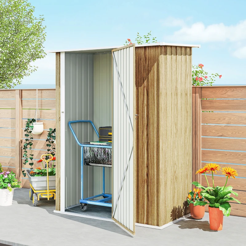 Outsunny Capanno Porta Attrezzi in Metallo con Tetto Inclinato e Porta Bloccabile, 142x86x189 cm, color Legno