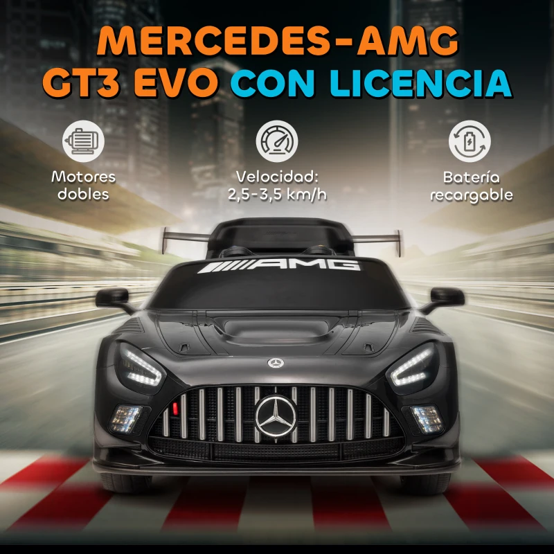 AIYAPLAY Coche Eléctrico para Niños Mercedes-AMG GT3 Evo con Mando a Distancia Motor Doble Ruedas Auxiliares Asa Música Negro