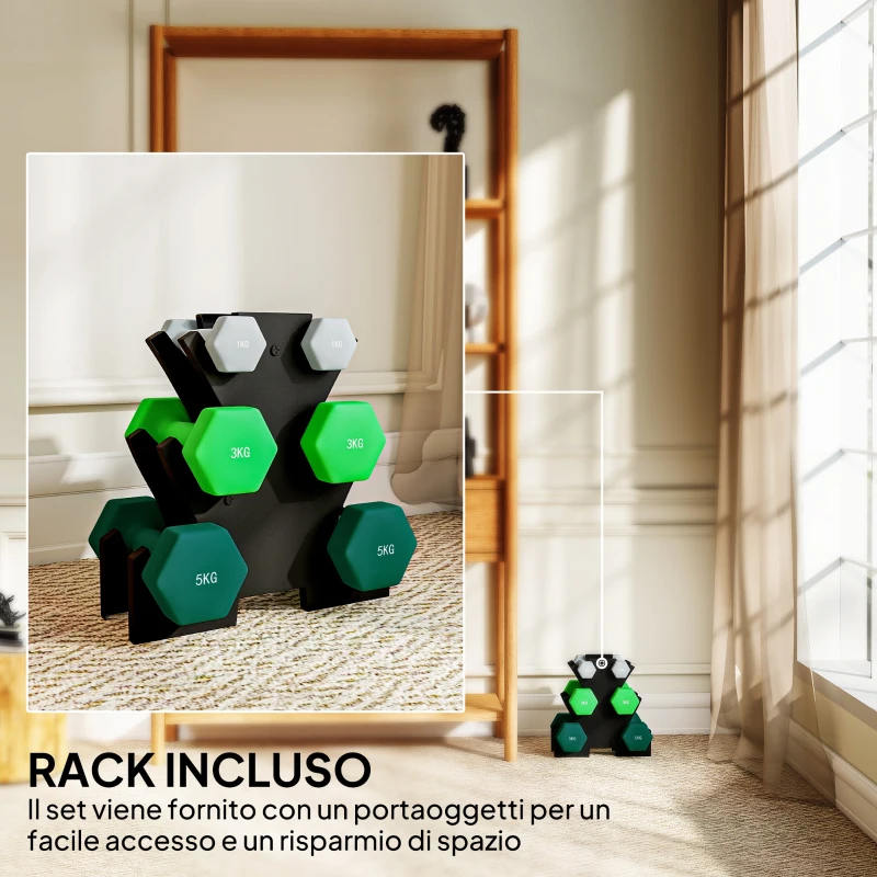 SPORTNOW Kit Pesi Esagonali da 18 kg Totali con Supporto Incluso, in Acciaio, Metallo e Plastica, Multicolore